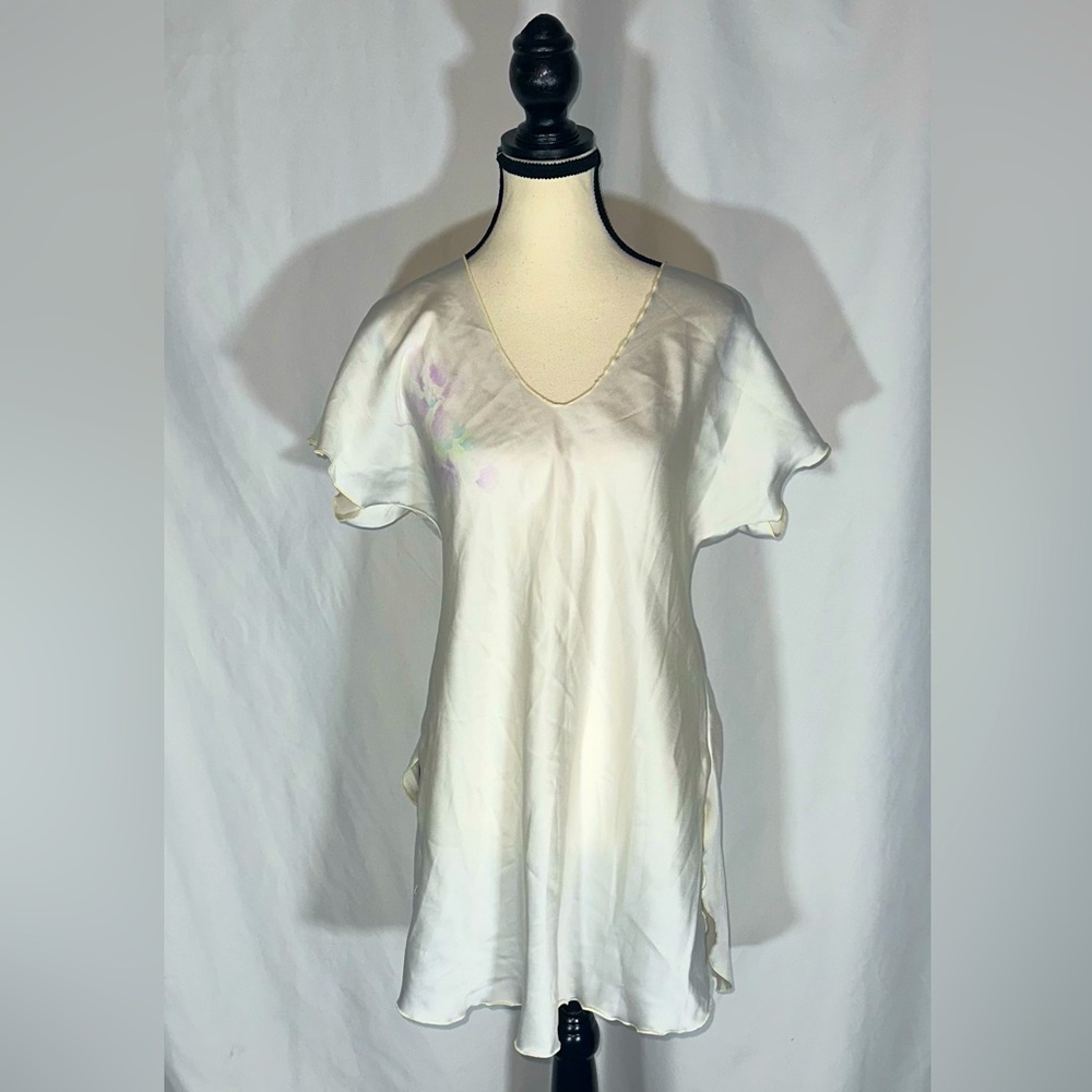 Miss Elaine • Vintage Silky Satin Nightgown High-Low Side Slits Flowers Petite - Picture 1 of 9